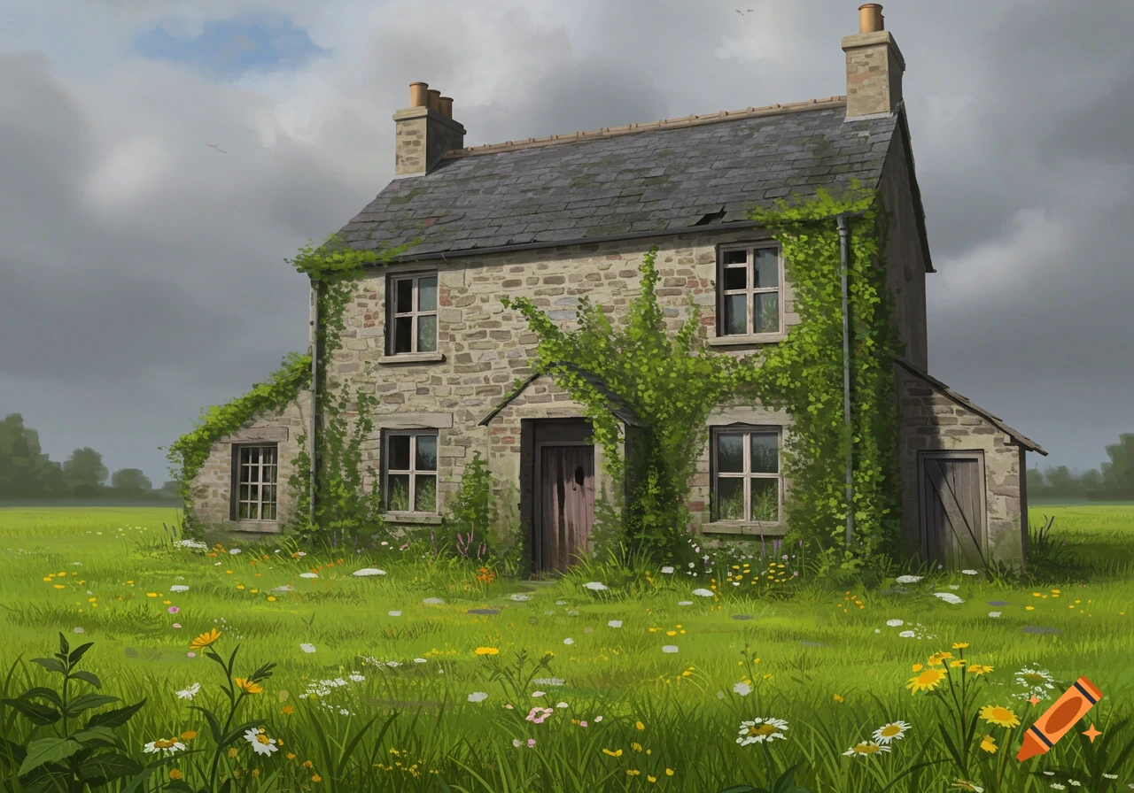 Painted stone cottage covered in ivy surrounded by a field of wildflowers under a cloudy sky.
