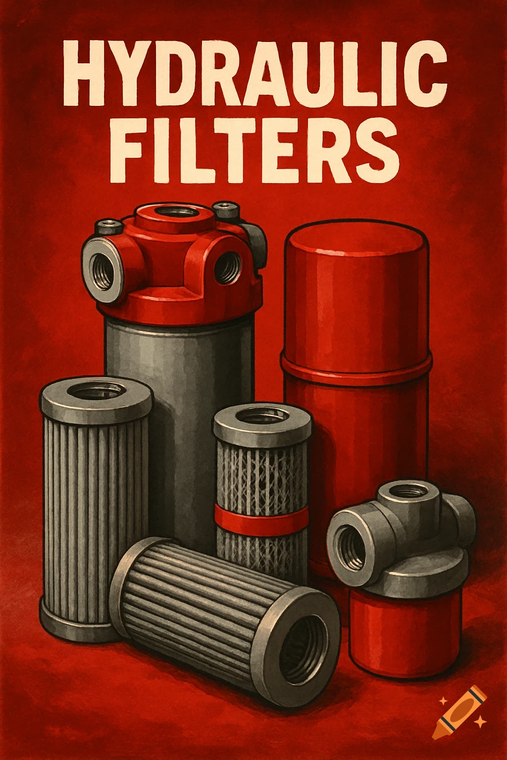 An illustration of several hydraulic filters and fittings on a red background with the text 'HYDRAULIC FILTERS'.