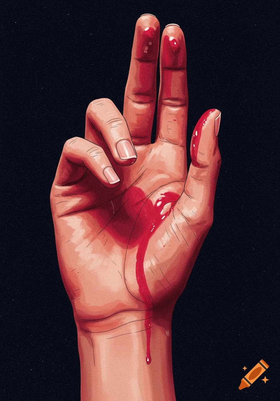 Illustration of a hand with blood dripping from the fingers and palm against a dark background.