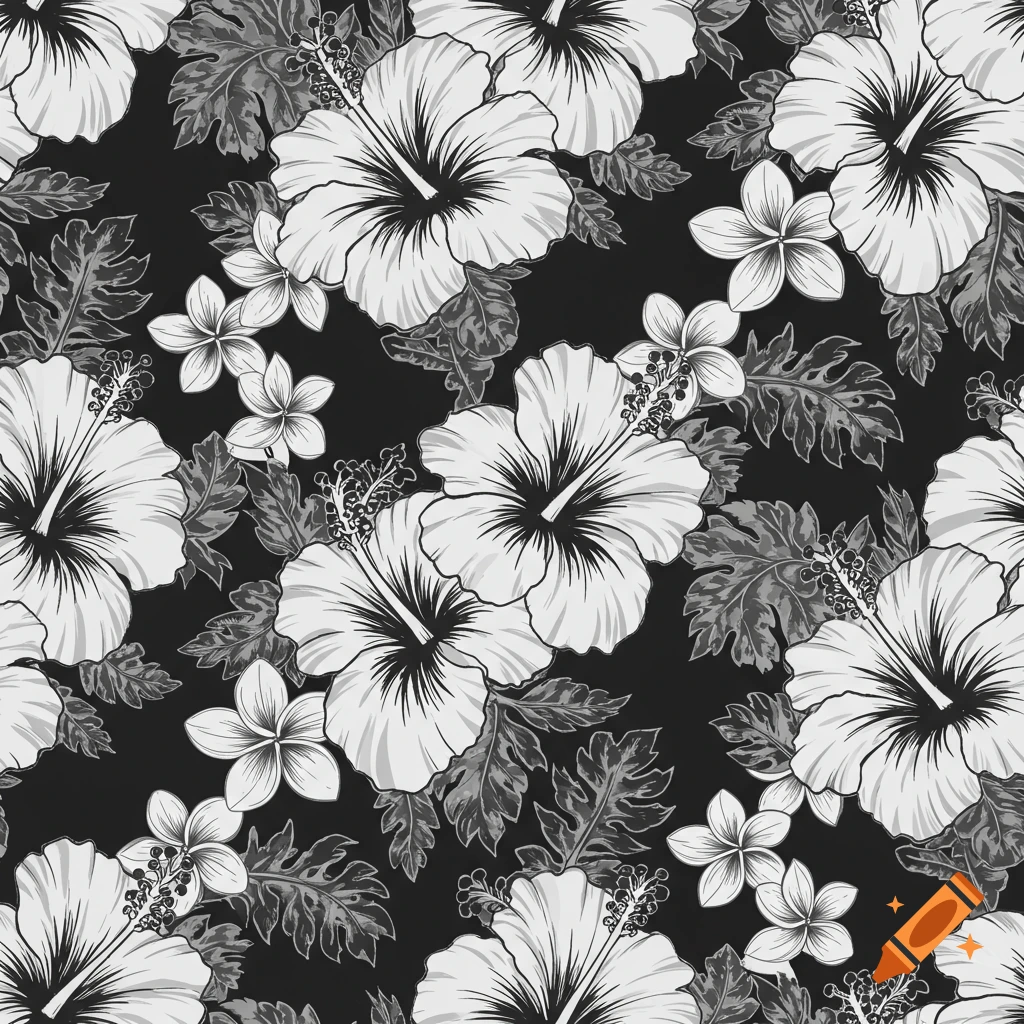 Seamless black and white repeating pattern of hibiscus and tropical flowers.