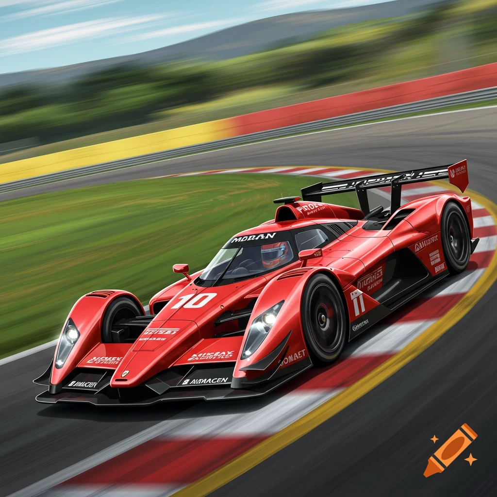 A red prototype race car speeds around a corner on a track.