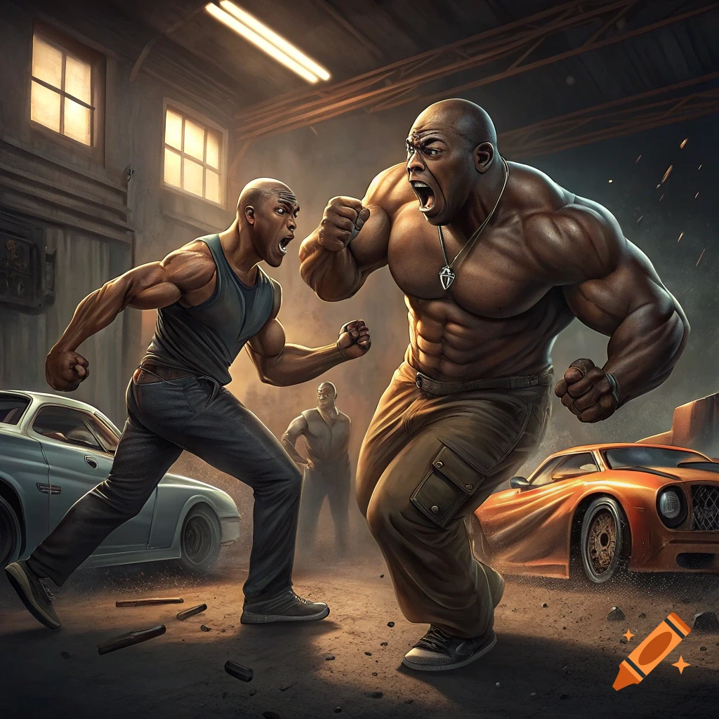 Two muscular men face off in a garage setting with cars in a stylized rendering.