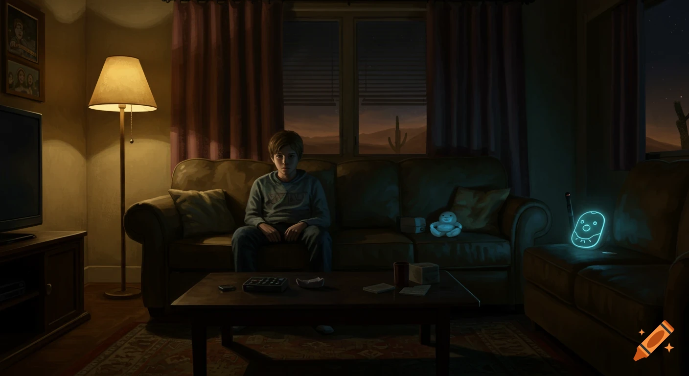 A teenage boy sits alone on a couch in a dimly lit living room with a glowing baby monitor and desert view.