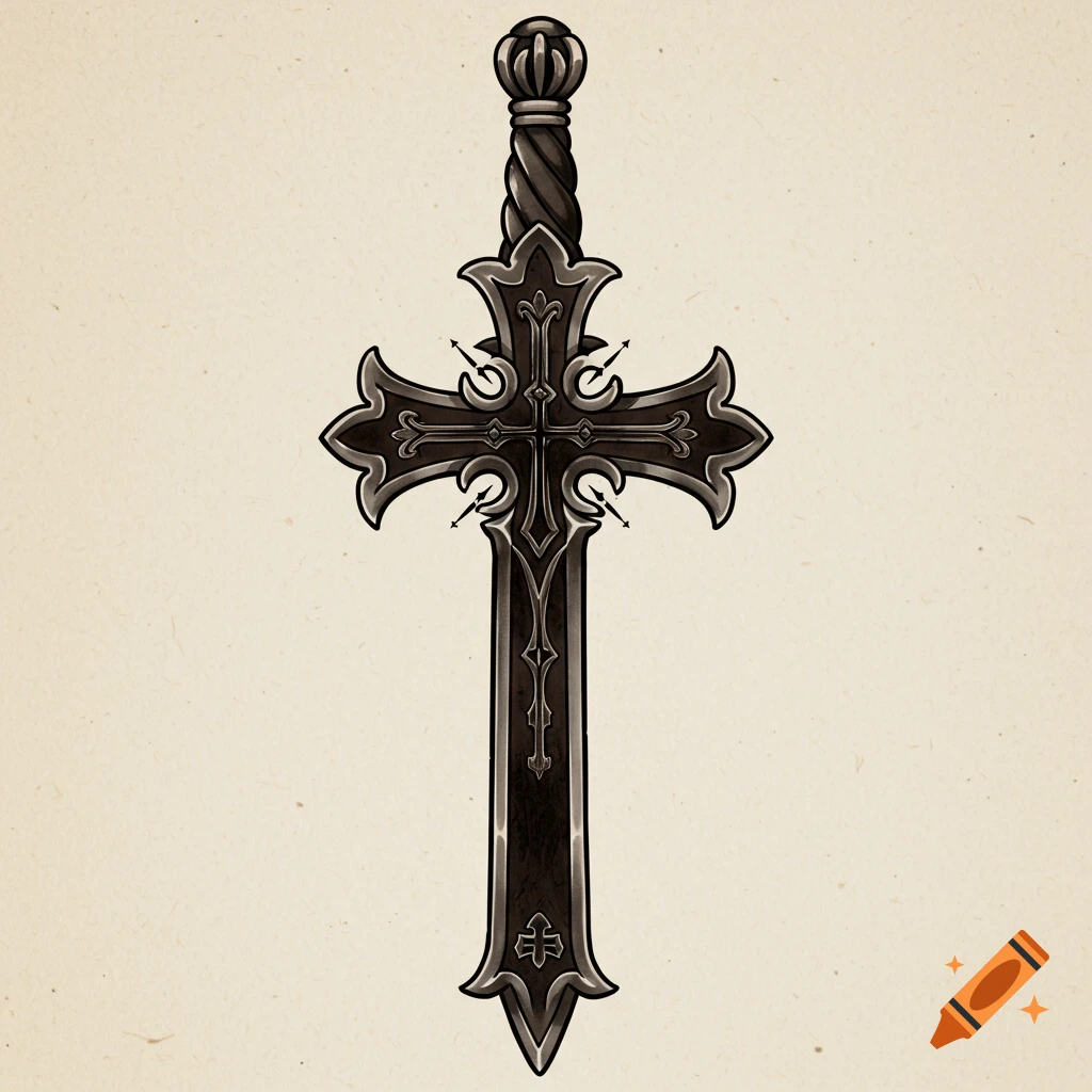 A stylized illustration of a sword with a large cross-shaped guard.