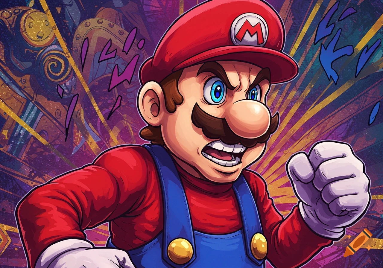 Illustration of Mario in an angry pose with clenched fist, rendered in ...