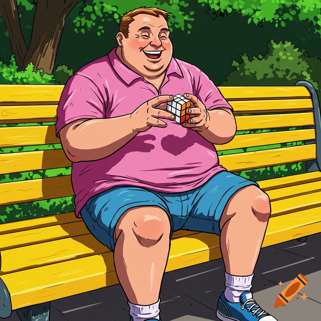 Cartoon illustration of a man sitting on a park bench, smiling and holding a Rubik's cube.