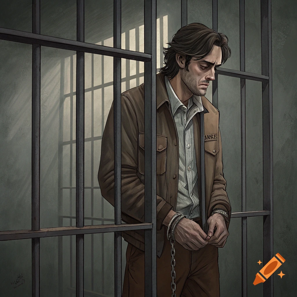 Illustration of a sad man with handcuffs and chain in a prison cell