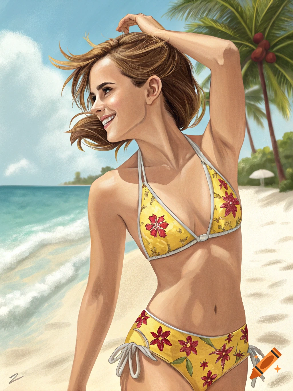 A person in a yellow bikini on a beach with palm trees in a painterly style.