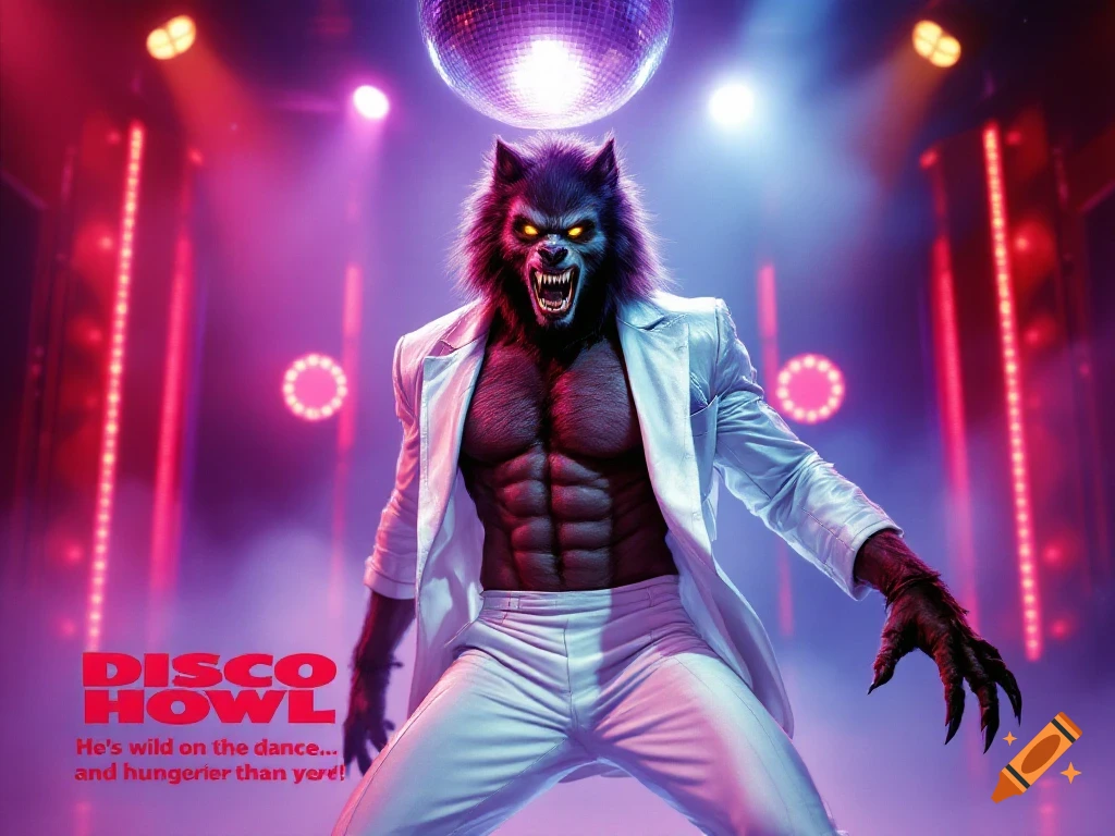 Werewolf in a white suit dancing under a disco ball in a vintage movie poster style.