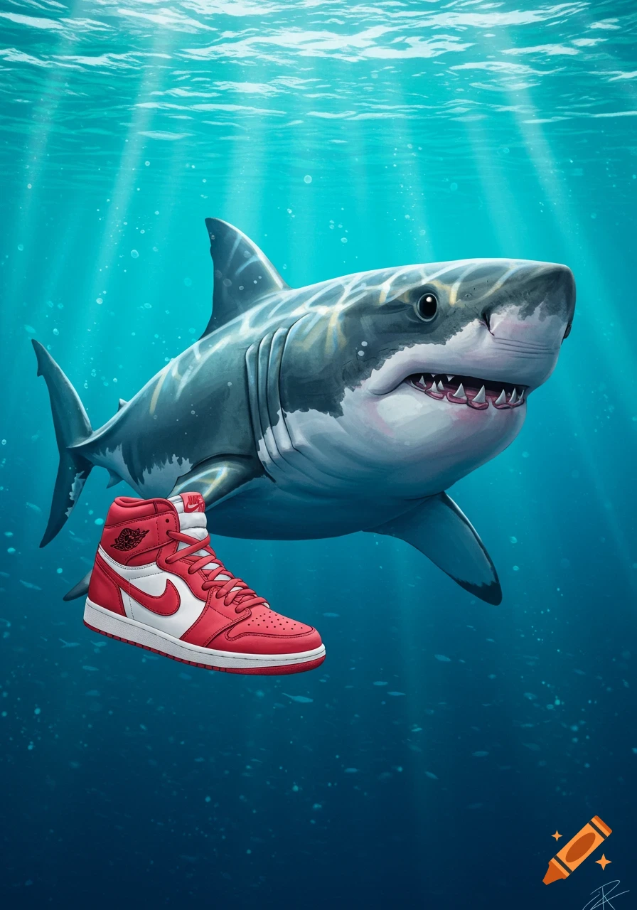 Illustration of a shark underwater with a red and white sneaker