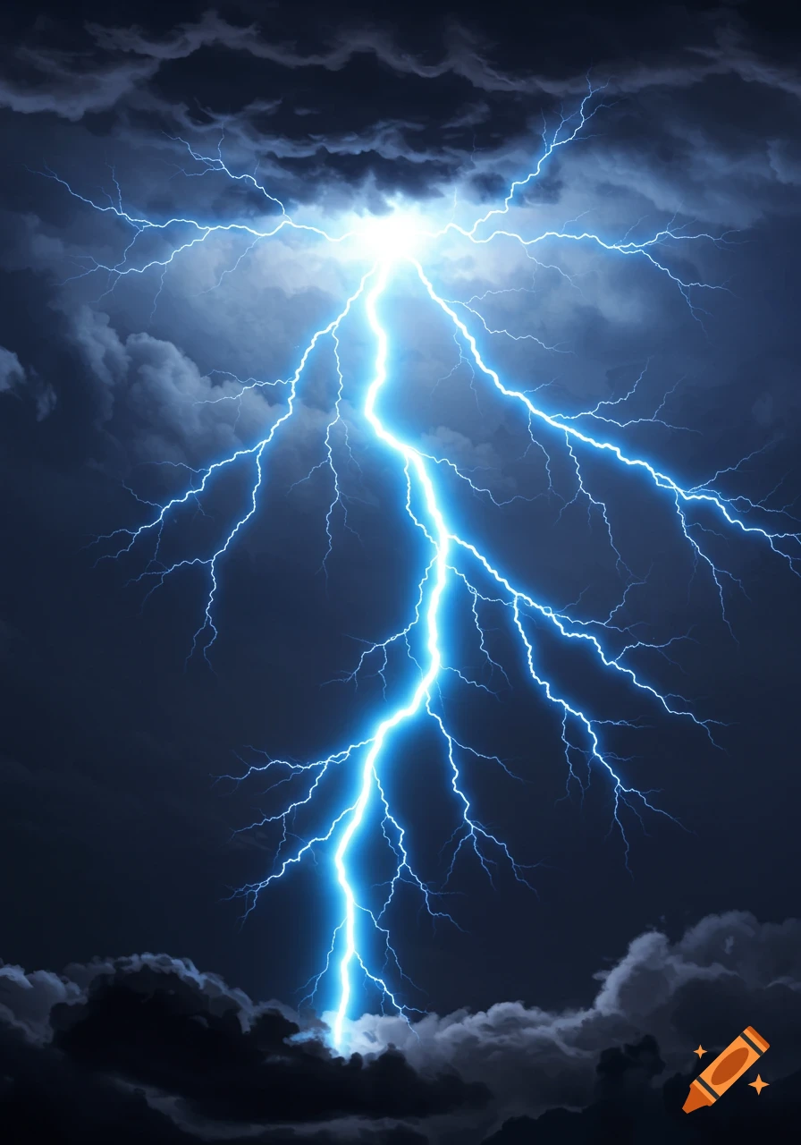 A dramatic blue lightning bolt strikes down from dark stormy clouds.