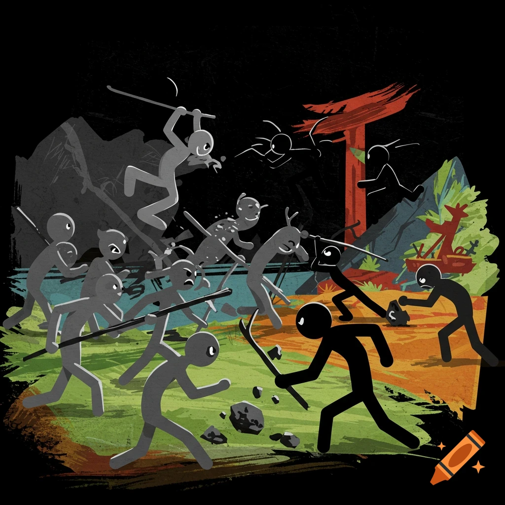 Illustration of gray and black stick figures fighting with sticks in a stylized landscape with a red torii gate.