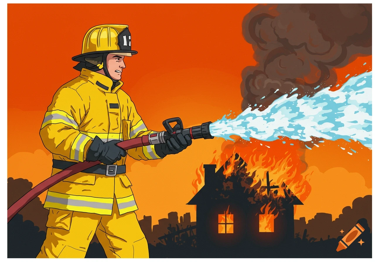 Illustration of a firefighter spraying water on a burning house