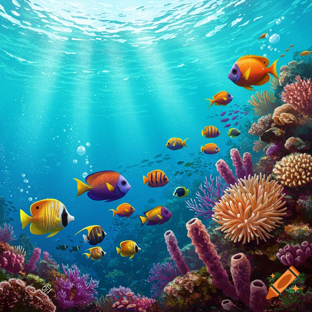 Colorful fish swim among a vibrant coral reef underwater with sunlight rays beaming down in a stylized illustration.