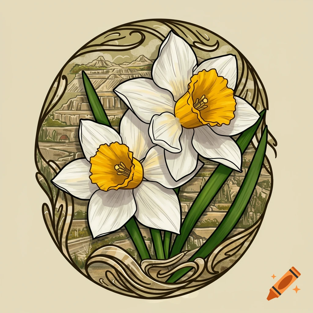 Illustration of two daffodils in a circular frame with a stylized landscape background in art nouveau style.