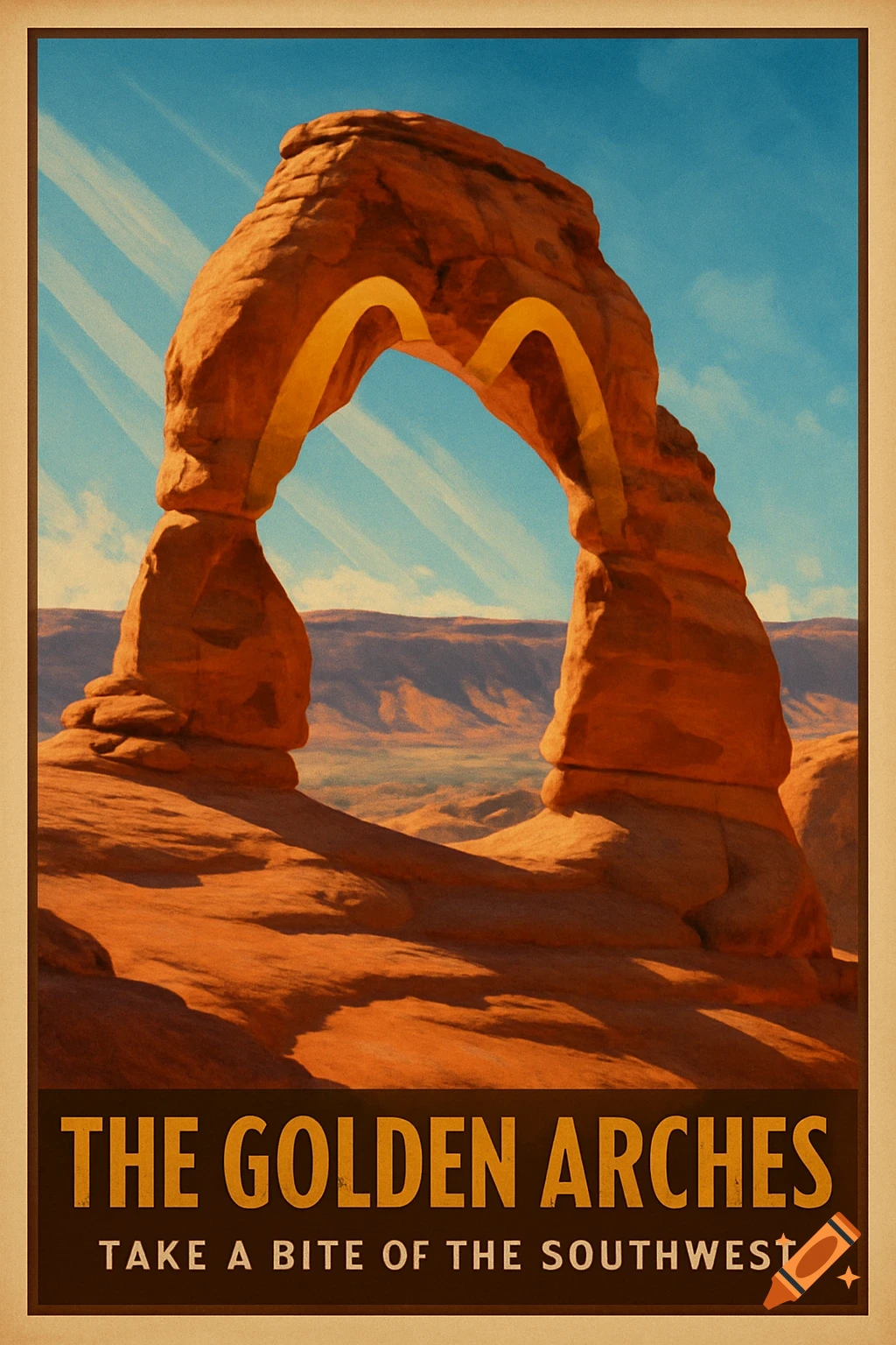 Stylized travel poster of a desert rock arch shaped like McDonald's arches, with text 'THE GOLDEN ARCHES TAKE A BITE OF THE SOUTHWEST'.