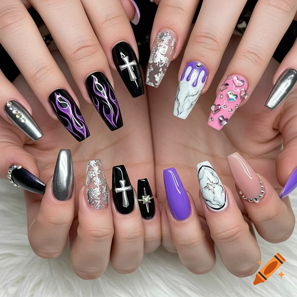 Close-up of two hands displaying multiple coffin-shaped nails decorated with diverse patterns like flames, crosses, foil, jewels, and marble.