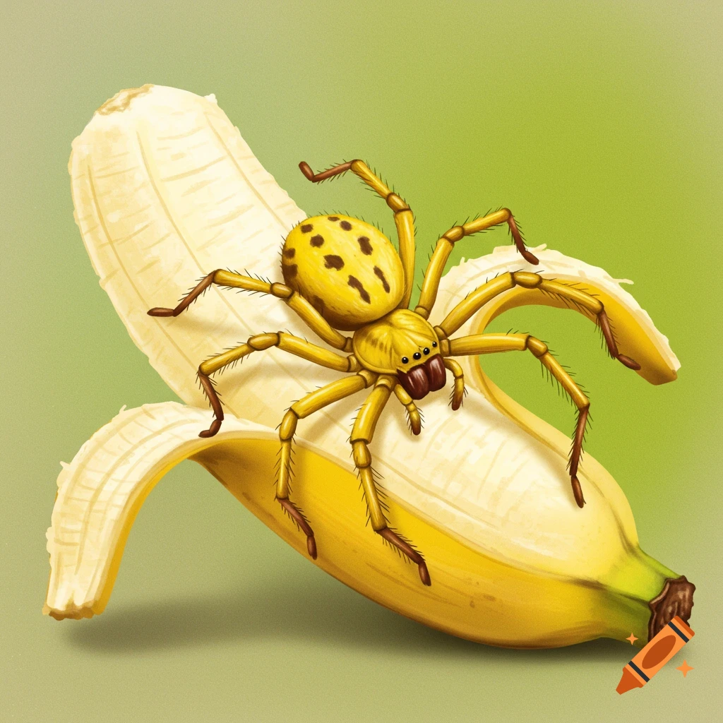 Illustrative rendering of a yellow spider with black spots perched on a peeled banana.