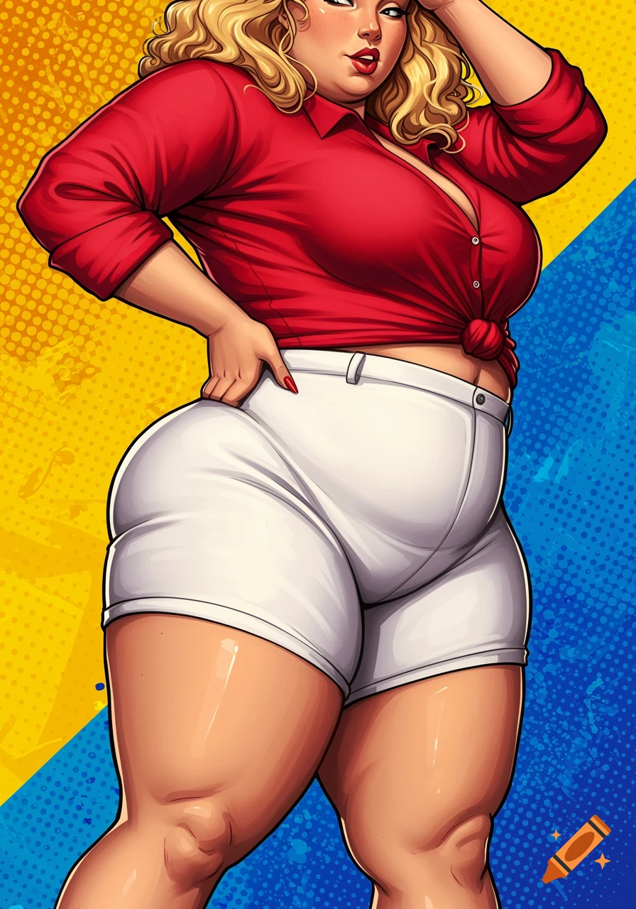 A blonde woman in a red shirt and white shorts poses against a yellow and blue pop art background.