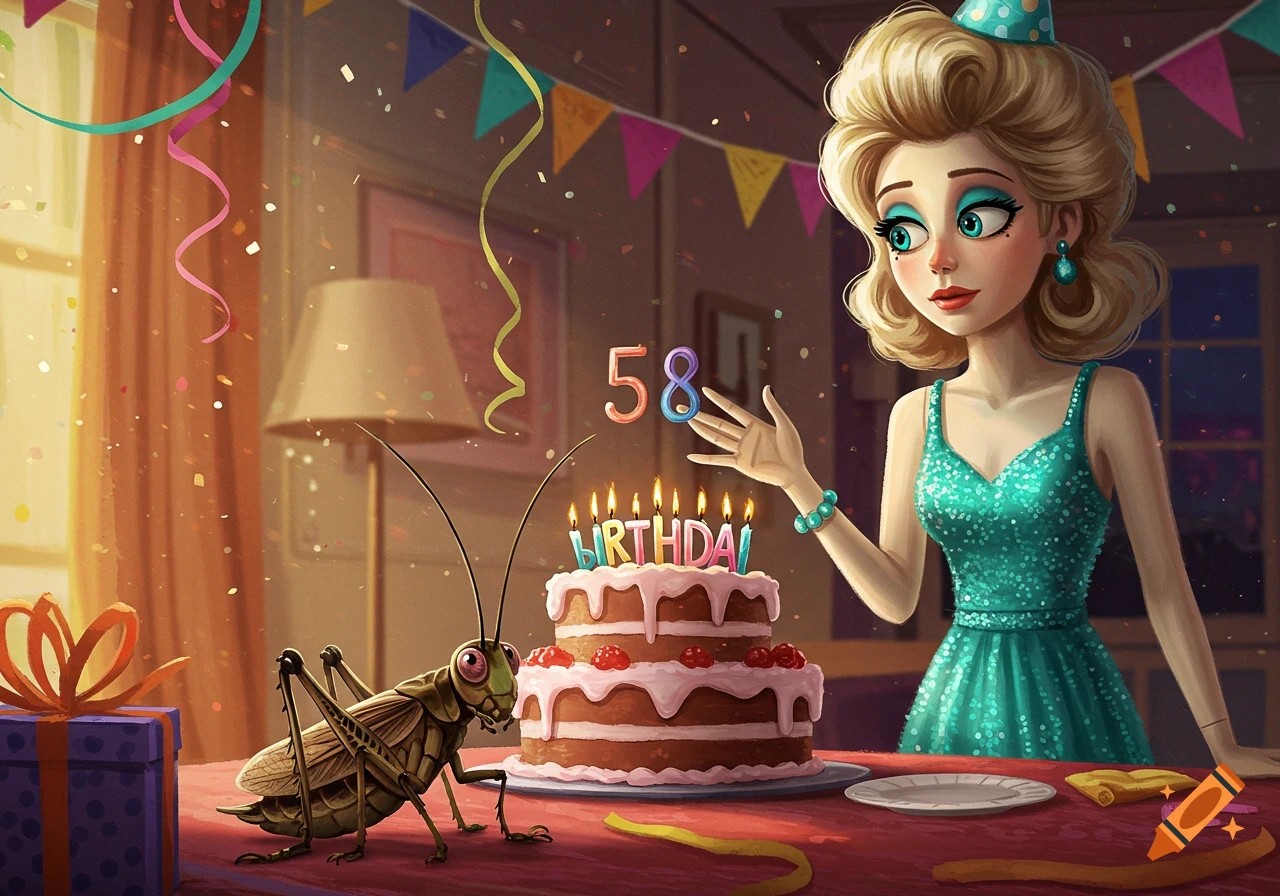 A woman and a large cricket are at a birthday party with a cake and presents in a cartoon style.