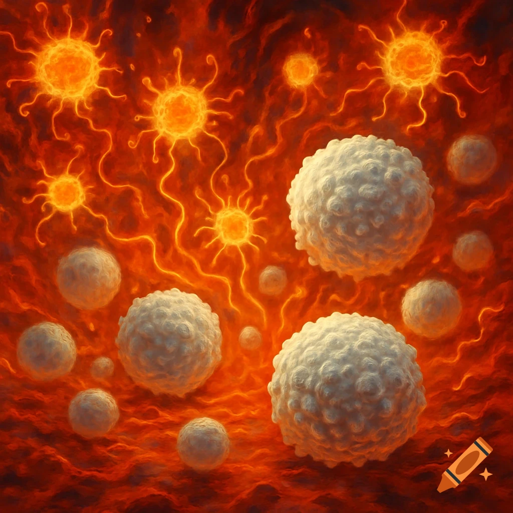 Stylized microscopic view of white cells and inflammatory cytokines in a red, inflammatory environment.