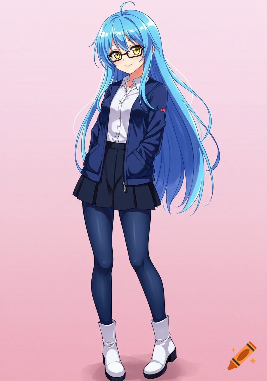 Anime girl with long blue hair, glasses, navy jacket, and skirt stands against a pink background.