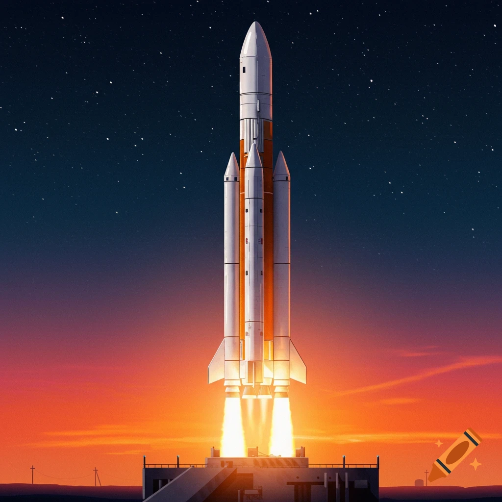 A large rocket launches from a platform against a sunset sky.