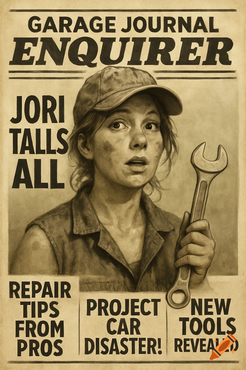 Illustration of a woman holding a wrench on a Garage Journal Enquirer newspaper cover.