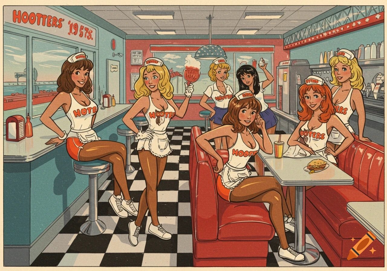 Cartoon of waitresses in revealing uniforms in a retro 1950s-style diner.