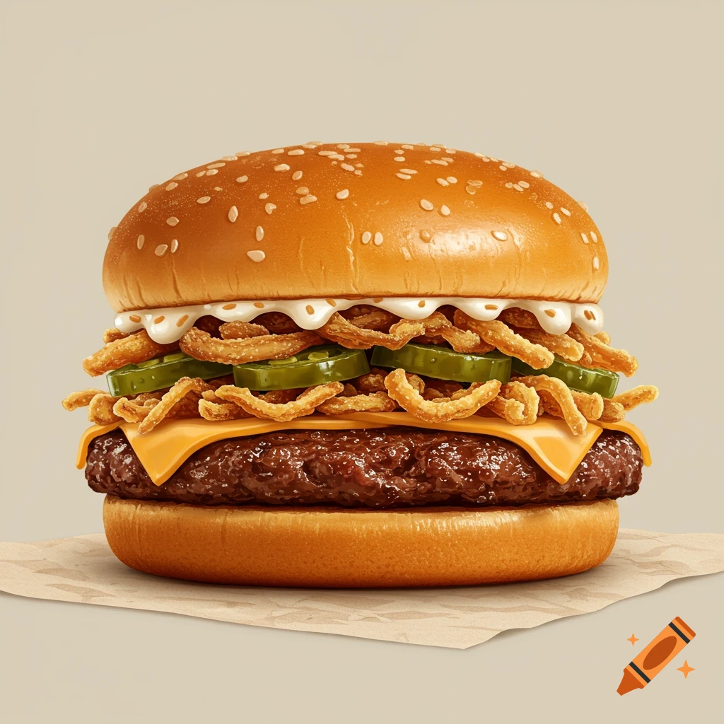 A close-up studio shot of a burger with crispy onion straws, sliced jalape ezos, melted cheese, and white sauce on a sesame bun.