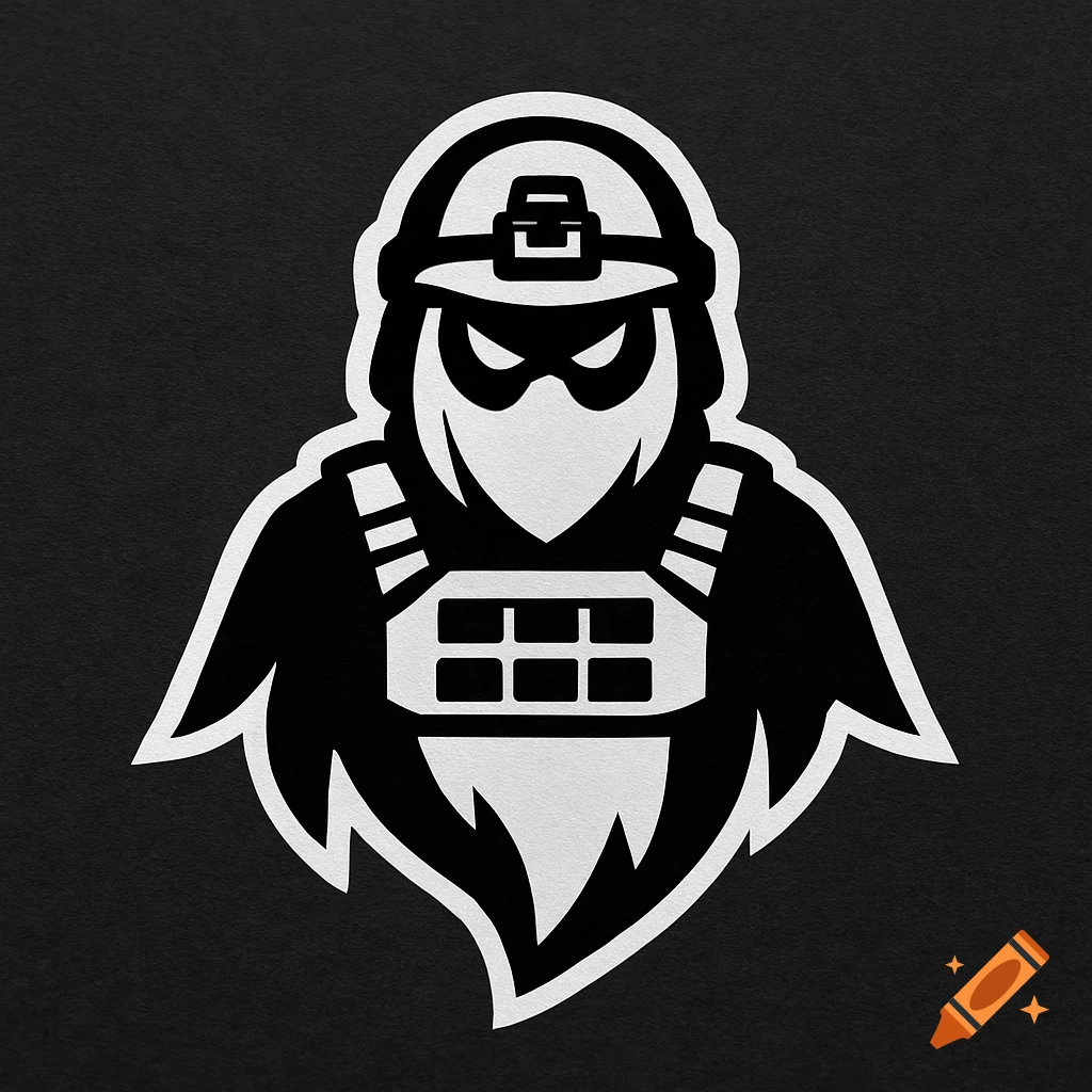 A black and white stylized logo of a tactical ghost character.