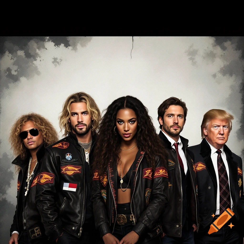 Group portrait of five people in leather jackets, posed like an album cover