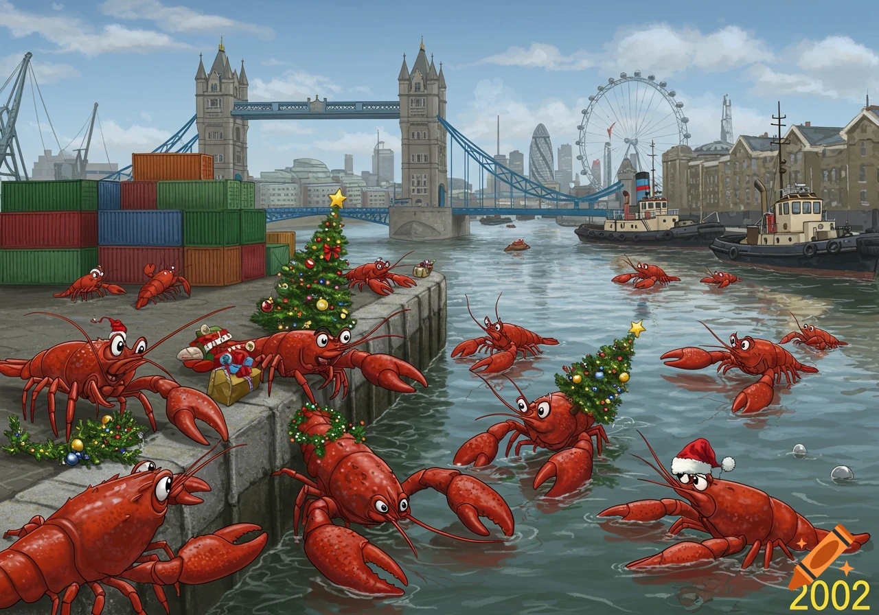 Cartoon lobsters with Christmas decorations swim and crawl near the dock by Tower Bridge in London.