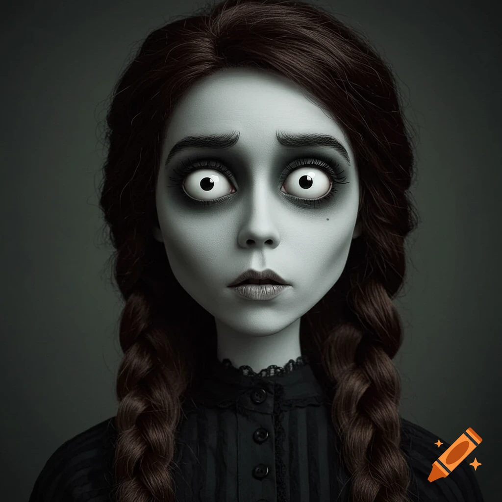 A portrait of a girl in a Tim Burton style with pale skin, large eyes, and dark braids.