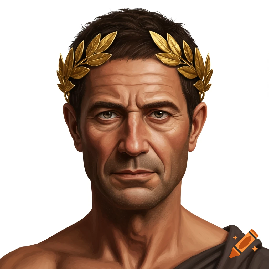 Realistic portrait of a man in a toga wearing a gold Roman wreath on a white background.