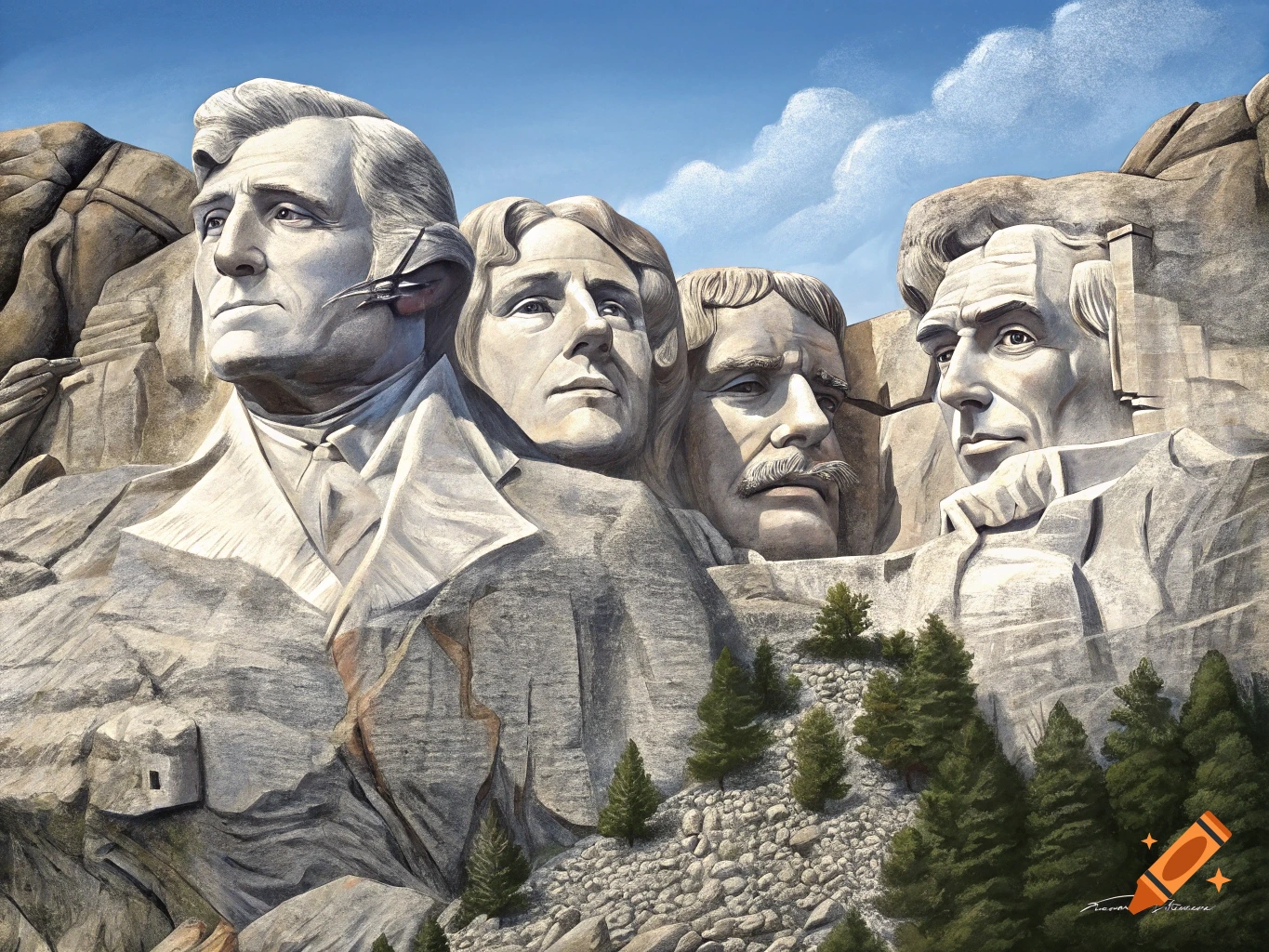 Carved heads and shoulders of four presidents in a monument resembling Mt. Rushmore, set in a mountain landscape.