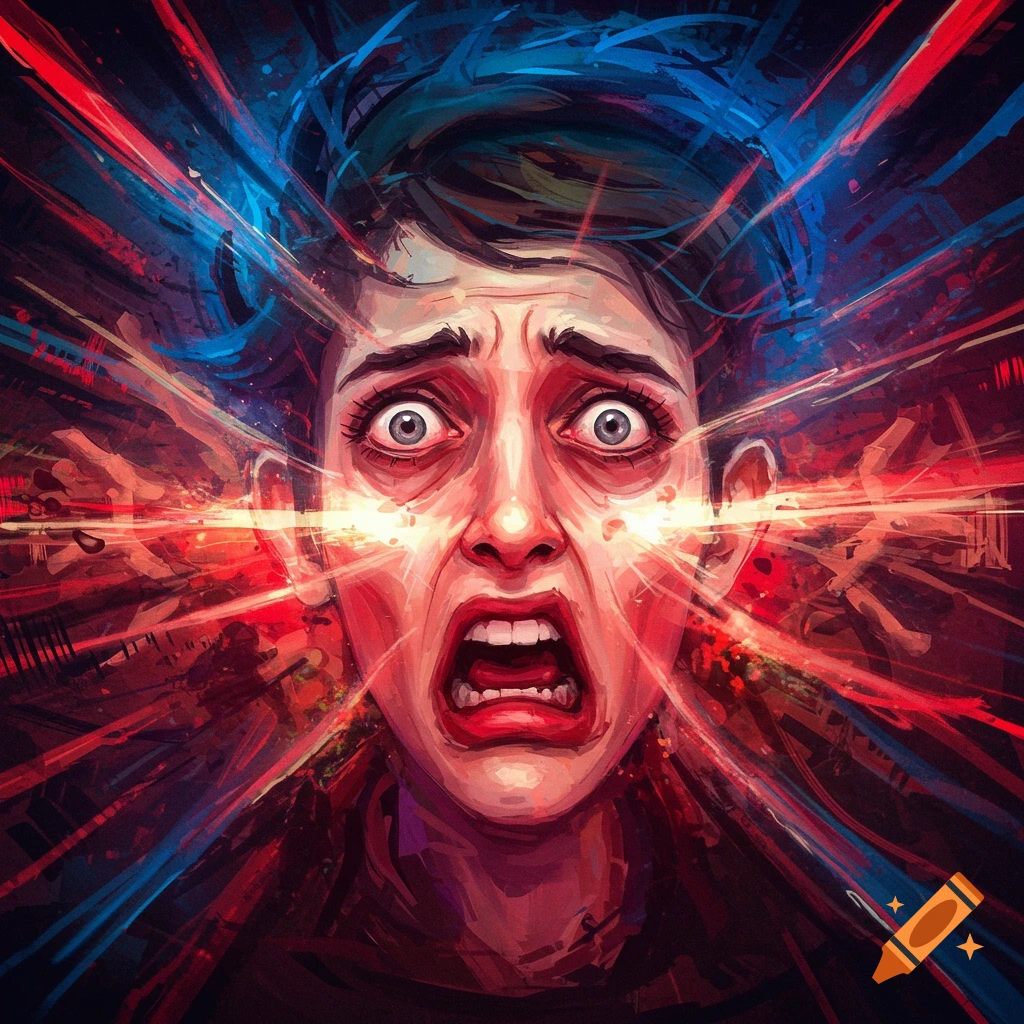 Close-up illustration of a person screaming in terror, surrounded by intense red and blue light streaks and distorted hands.