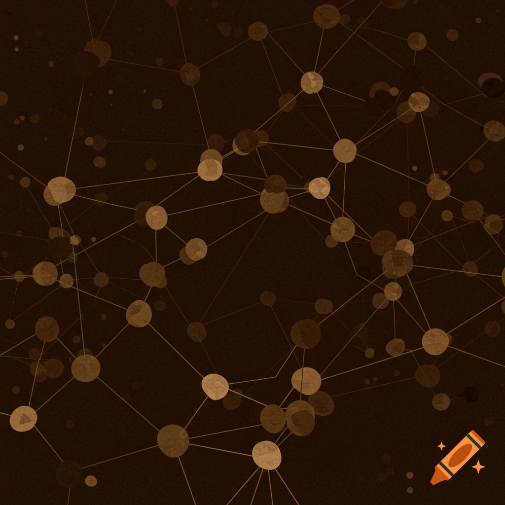 A network of dots connected by lines on a brown background.
