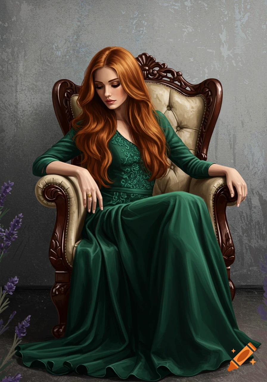 Portrait of a woman with long red hair in a green dress sitting in an ornate chair.