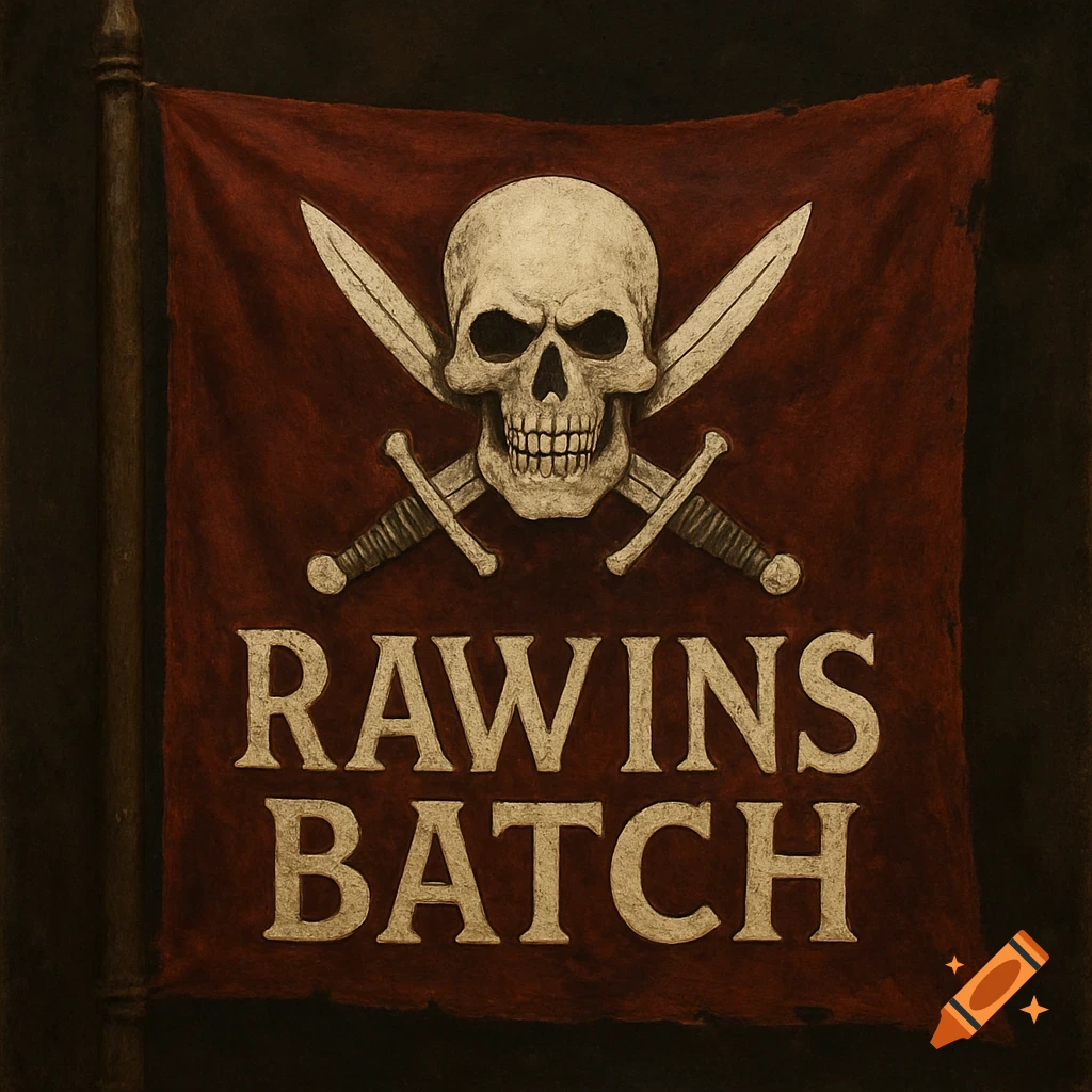 A red flag with a skull and crossed swords above the text "RAWINS BATCH".