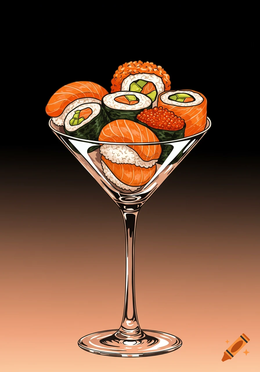 Illustration of sushi and sushi rolls in a martini glass.