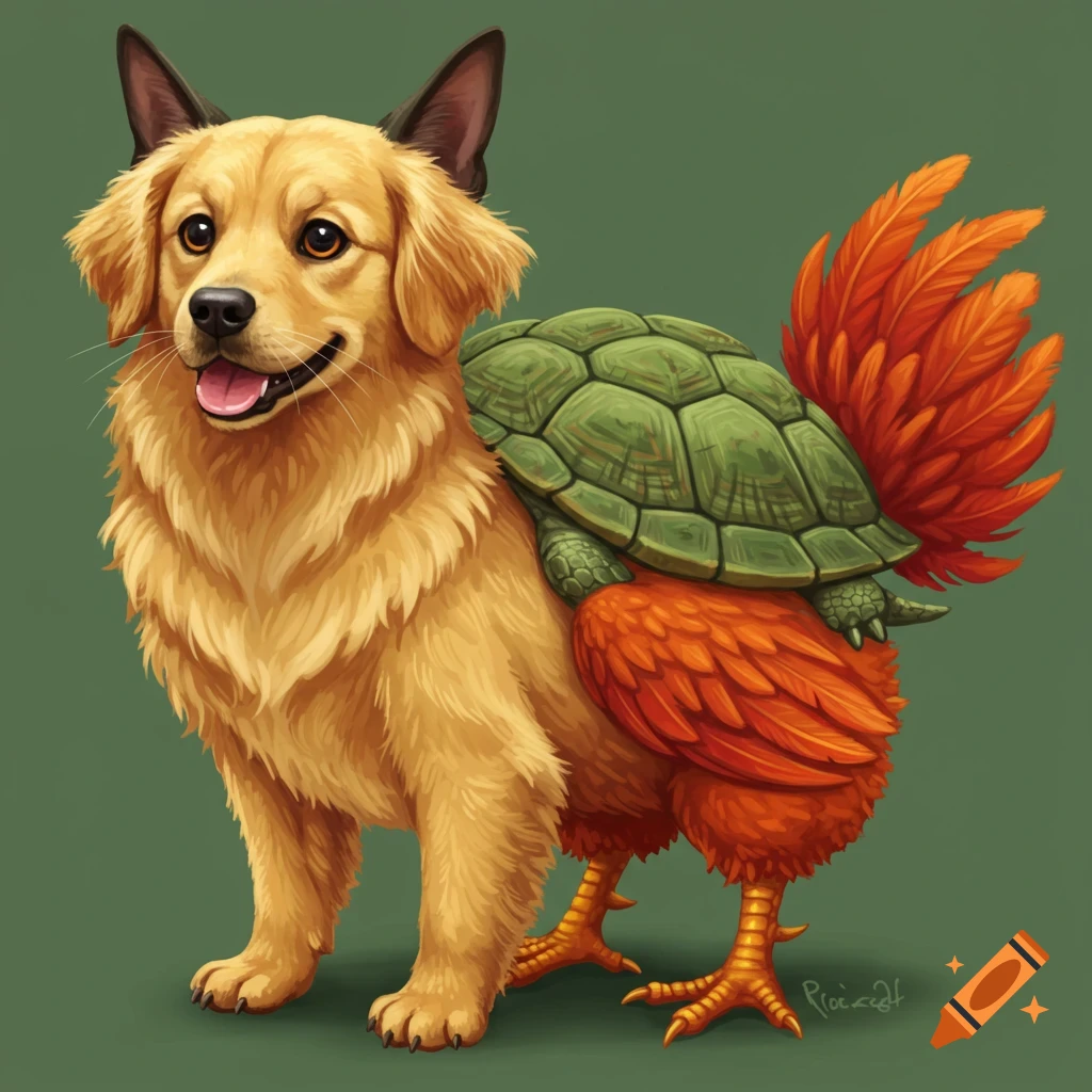 Illustration of a creature with a dog's front, a turtle shell, and chicken legs and tail feathers