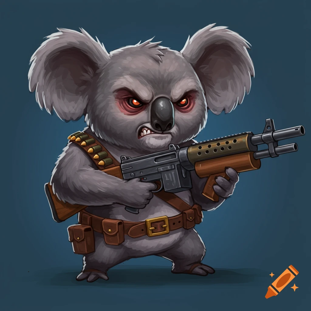 Cartoon koala bear holding a machine gun, wearing a belt with ammunition, looking angry.