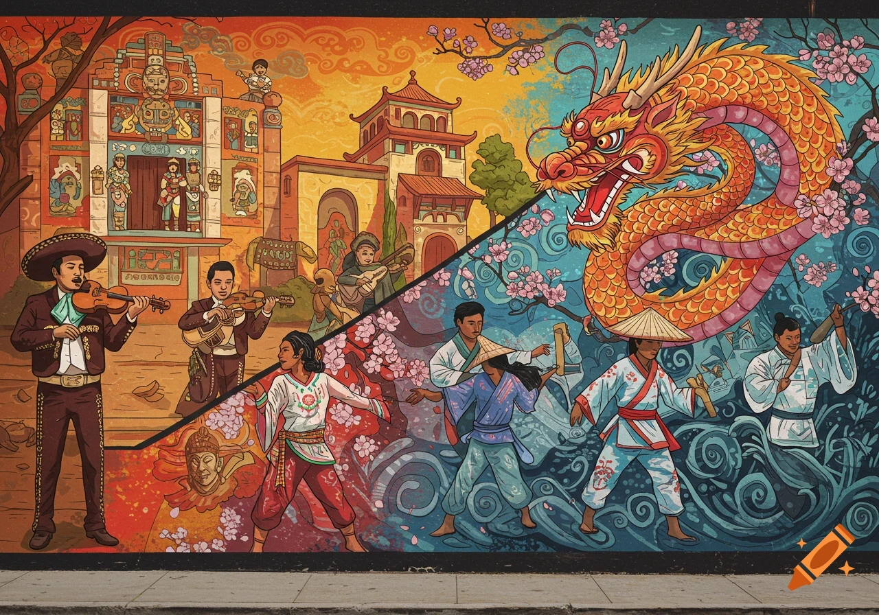 Colorful mural showing a fusion of Mexican and Asian cultures with mariachi musicians, buildings, people, a dragon, and cherry blossoms.
