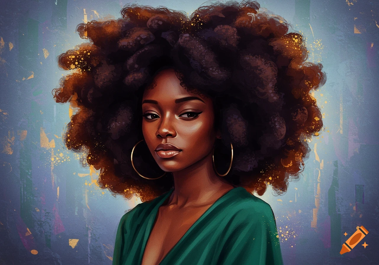 Stylized portrait of a woman with a large afro and gold hoop earrings against a textured background.