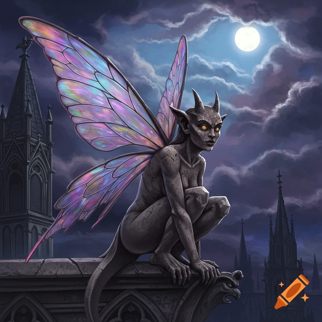 A female gargoyle with iridescent wings sits atop gothic architecture at night under a full moon.