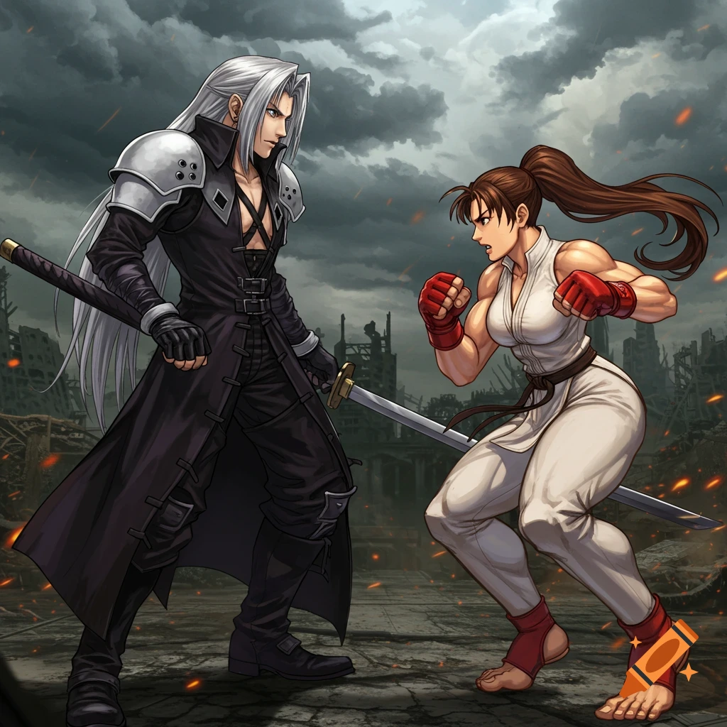 Sephiroth from Final Fantasy faces off against Elena from Street Fighter in a ruined city.