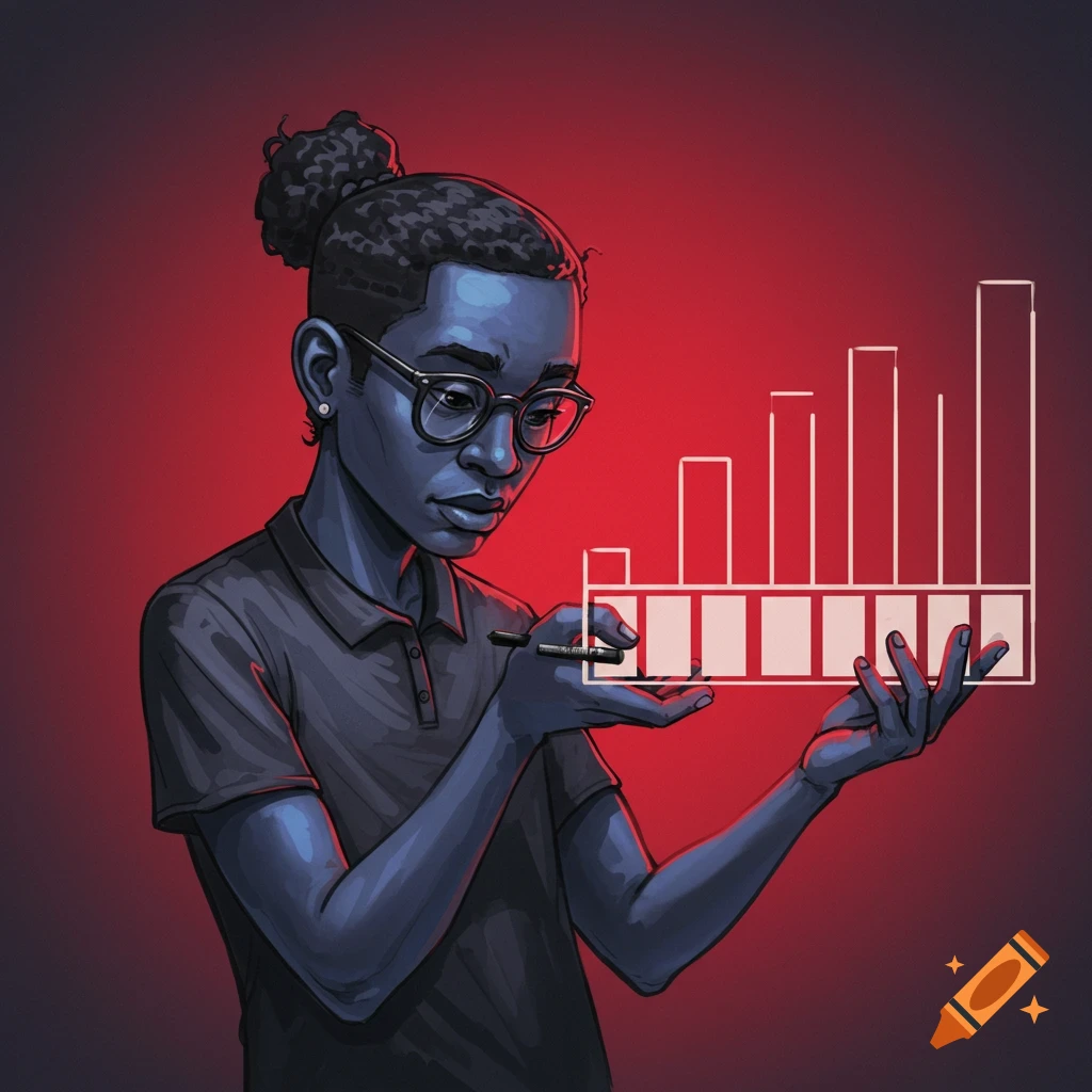 A stylized illustration of a person holding and drawing on a bar chart against a red background.