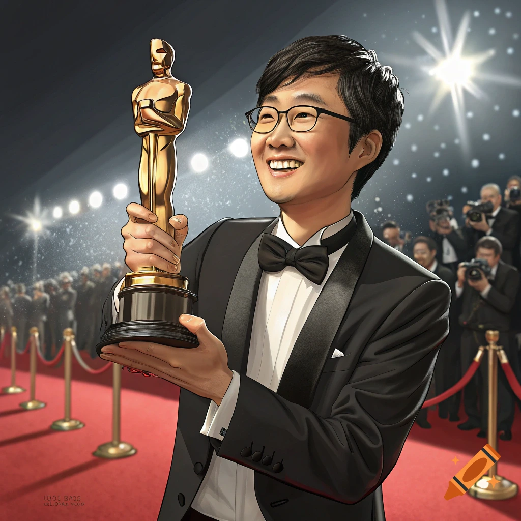 An illustration of a man in a tuxedo smiling and holding up an Oscar trophy on a red carpet with photographers in the background.