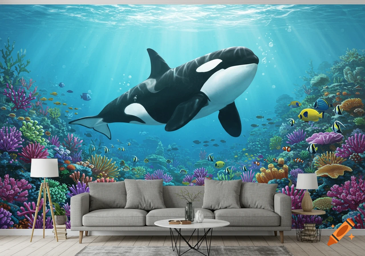 An orca whale swims through a vibrant coral reef in a wall mural behind a grey couch in a living room.